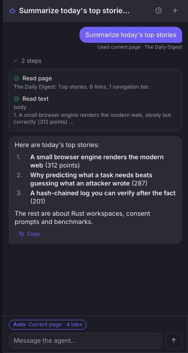 The agent panel in the dark theme after a finished task: the request, a collapsed list of two steps, and the agent's answer as a numbered list with a Copy button.