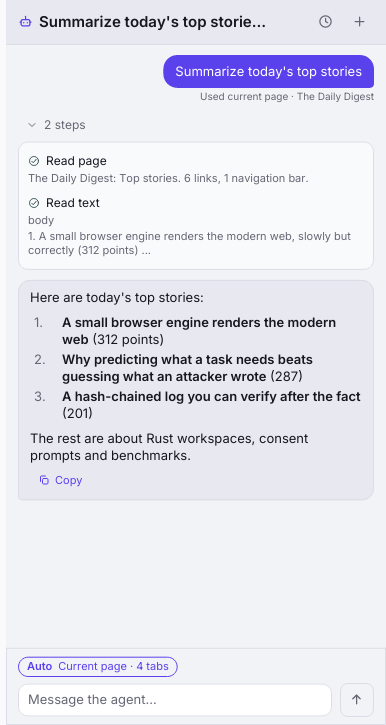 The agent panel after a finished task: the request, a collapsed list of two steps, and the agent's answer as a numbered list with a Copy button.