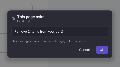 A confirm dialog in the dark theme titled This page asks, from localhost, with the message Remove 2 items from your cart, a note that the message comes from the web page, and Cancel and OK buttons.