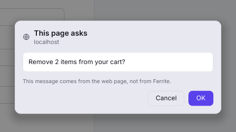 A confirm dialog titled This page asks, from localhost, with the message Remove 2 items from your cart, a note that the message comes from the web page, and Cancel and OK buttons.