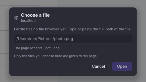 The file picker card in the dark theme: Choose a file, from localhost, with a field for the full path and a note that the page accepts .pdf and .png, and Cancel and Open buttons.