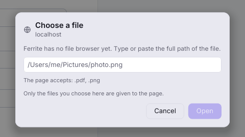 The file picker card: Choose a file, from localhost, with a field for the full path and a note that the page accepts .pdf and .png, and Cancel and Open buttons.