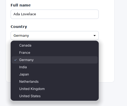 A dropdown list of countries drawn by Ferrite over a form in the dark theme, with Germany ticked.