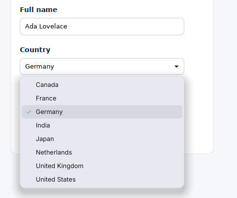 A dropdown list of countries drawn by Ferrite over a form, with Germany ticked.