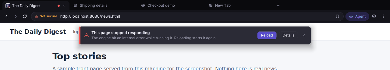 The top of the Ferrite window in the dark theme with a banner over the page: This page stopped responding, with Reload, Details and a close button, and a red dot on the active tab.