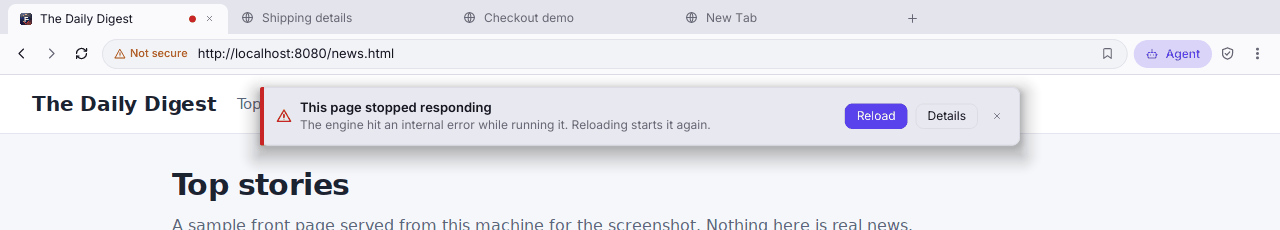 The top of the Ferrite window with a banner over the page: This page stopped responding, with Reload, Details and a close button, and a red dot on the active tab.
