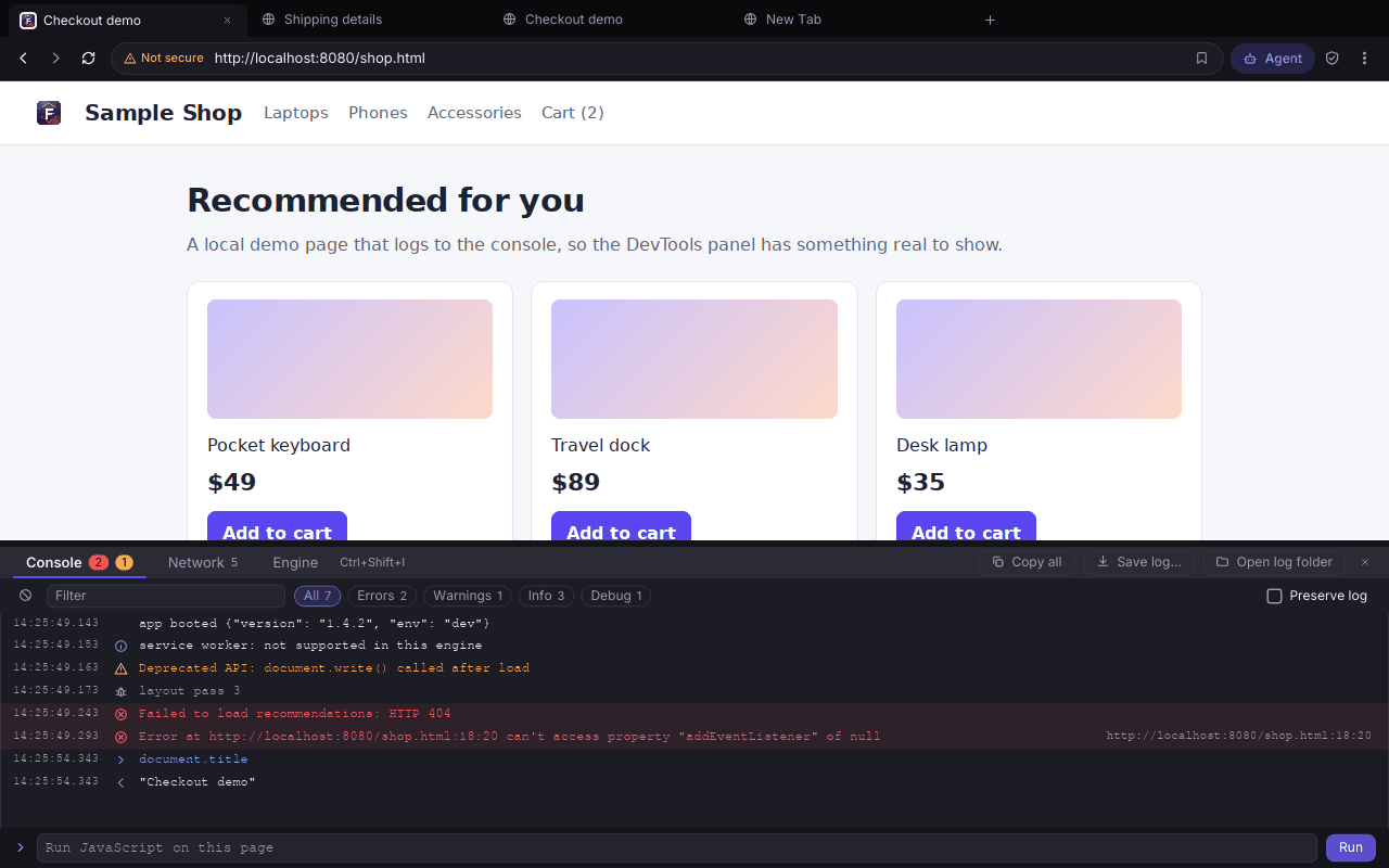 Ferrite with the DevTools Console open under a shop page in the dark theme. It lists six messages (a log, an info, a warning, a debug line and two errors), then a typed expression and its result.