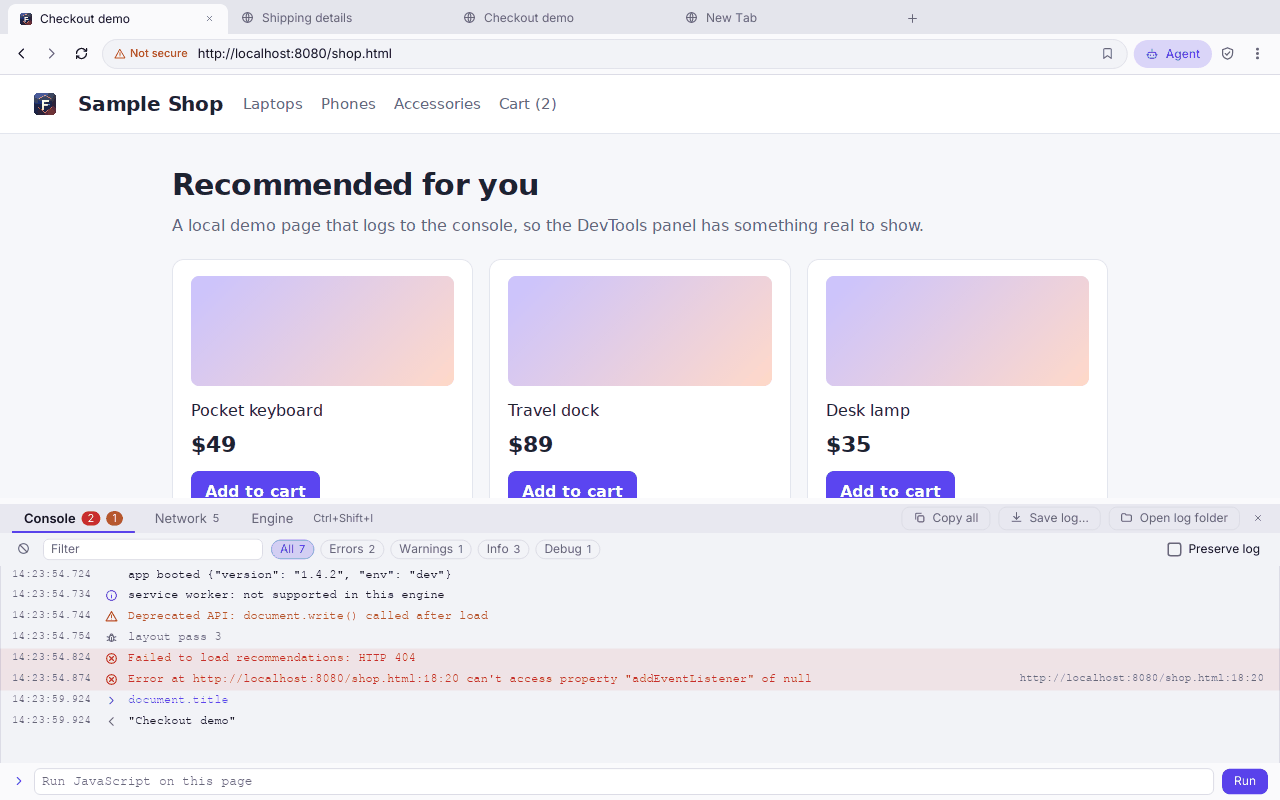 Ferrite with the DevTools Console open under a shop page. It lists six messages (a log, an info, a warning, a debug line and two errors), then a typed expression and its result.