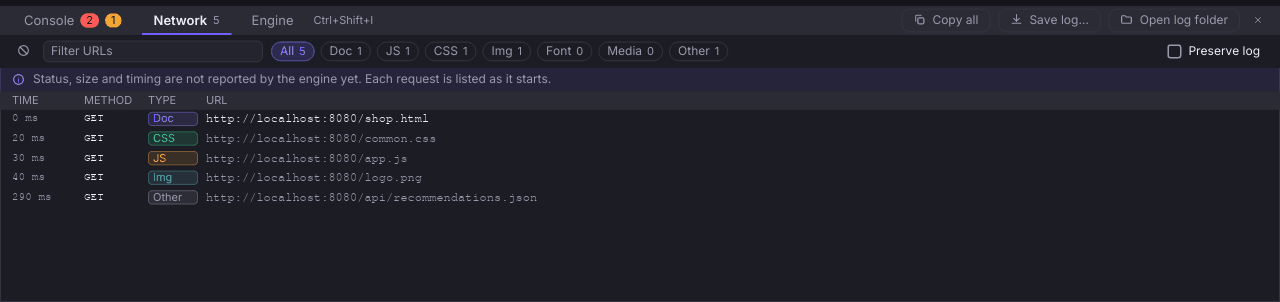 The DevTools Network tab in the dark theme listing five requests (a document, a stylesheet, a script, an image and a fetch) with a notice that status, size and timing are not reported by the engine yet.
