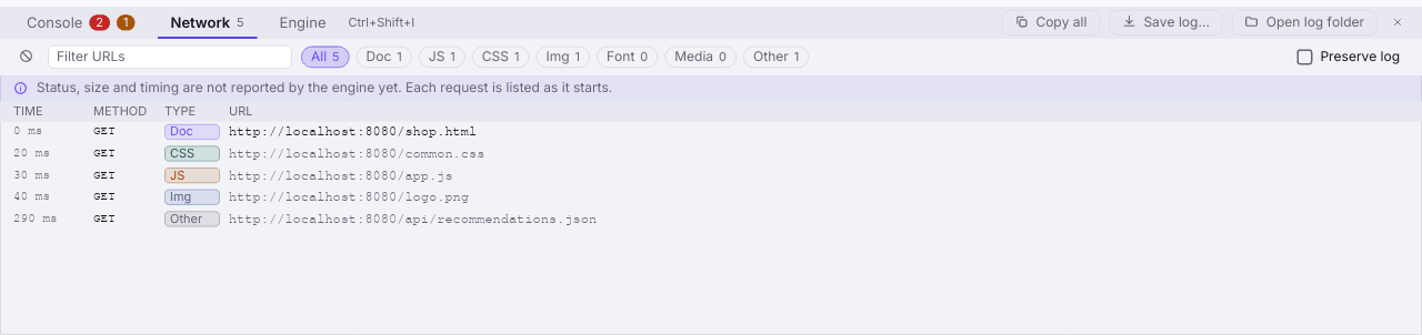 The DevTools Network tab listing five requests (a document, a stylesheet, a script, an image and a fetch) with a notice that status, size and timing are not reported by the engine yet.