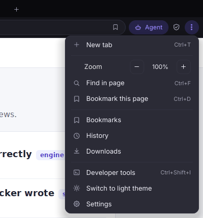 The overflow menu in the dark theme: New tab, a zoom control, Find in page, Bookmark this page, Bookmarks, History, Downloads, Developer tools, Switch to light theme and Settings.
