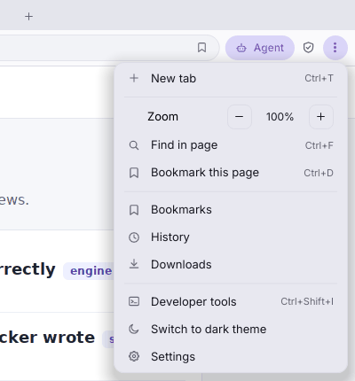 The overflow menu: New tab, a zoom control, Find in page, Bookmark this page, Bookmarks, History, Downloads, Developer tools, Switch to dark theme and Settings.