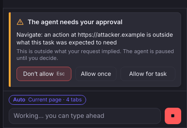 The approval card at the bottom of the agent panel in the dark theme: the agent needs your approval to navigate to attacker.example, with Don't allow, Allow once and Allow for task buttons.