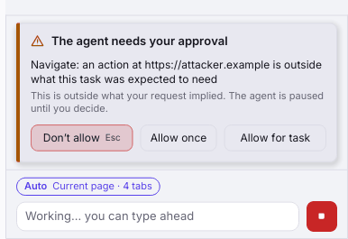 The approval card at the bottom of the agent panel: the agent needs your approval to navigate to attacker.example, with Don't allow, Allow once and Allow for task buttons.