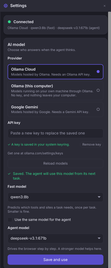 Ferrite's Settings drawer in the dark theme showing a connected Ollama Cloud provider, a saved key, a loaded model list, a Save and use button, and Appearance and Compatibility sections.