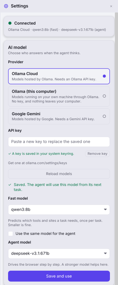 Ferrite's Settings drawer showing a connected Ollama Cloud provider, a saved key, a loaded model list, a Save and use button, and Appearance and Compatibility sections.